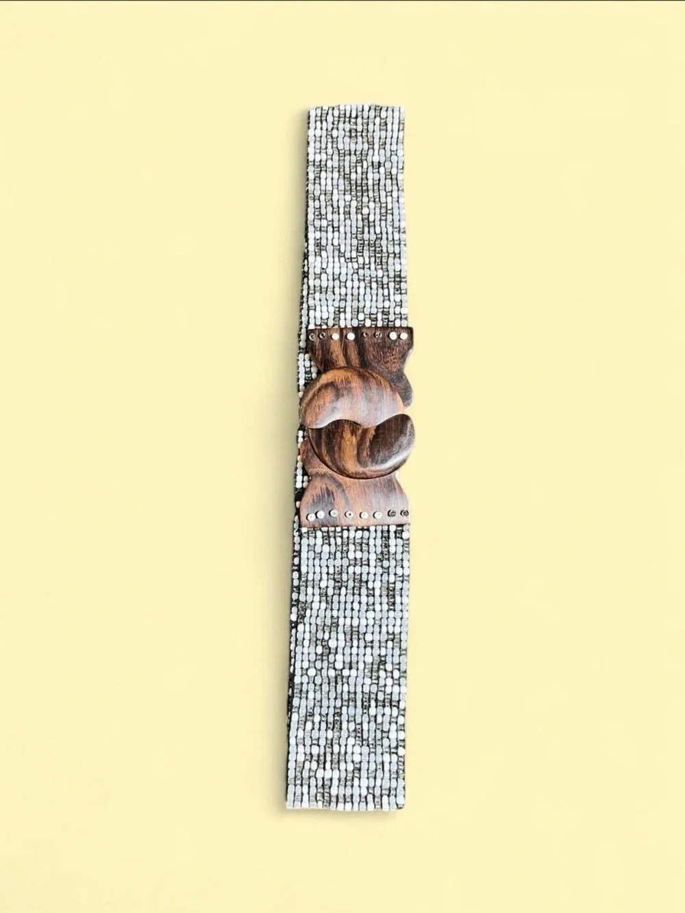 Vintage Beaded Stretch Belt Wooden Buckle Boho Artisan Waist Belt
